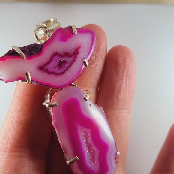 Pink Agate Geode Slice Sterling Silver Pendant 2.5" Eye Pattern Drop - Picture 6 of 10